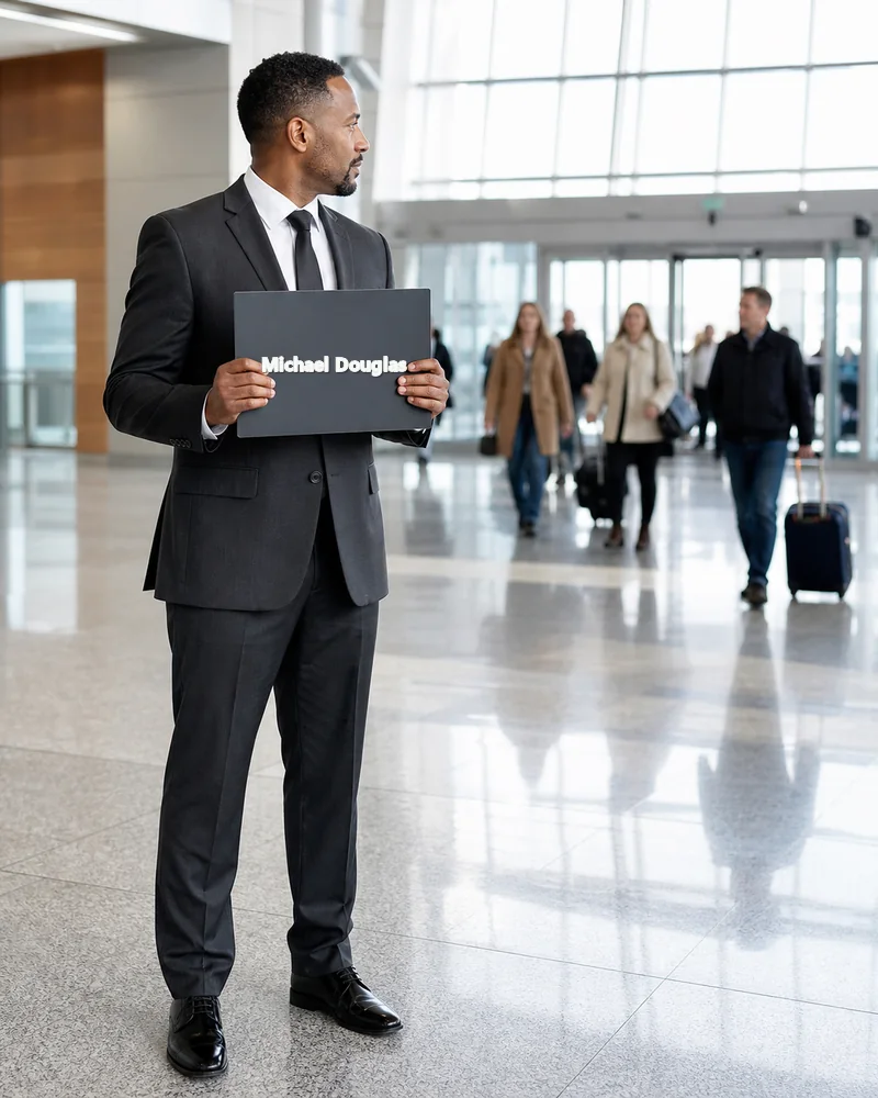 Newark Airport chauffeur service meet-and-greet inside Terminal C arrivals hall with a name board