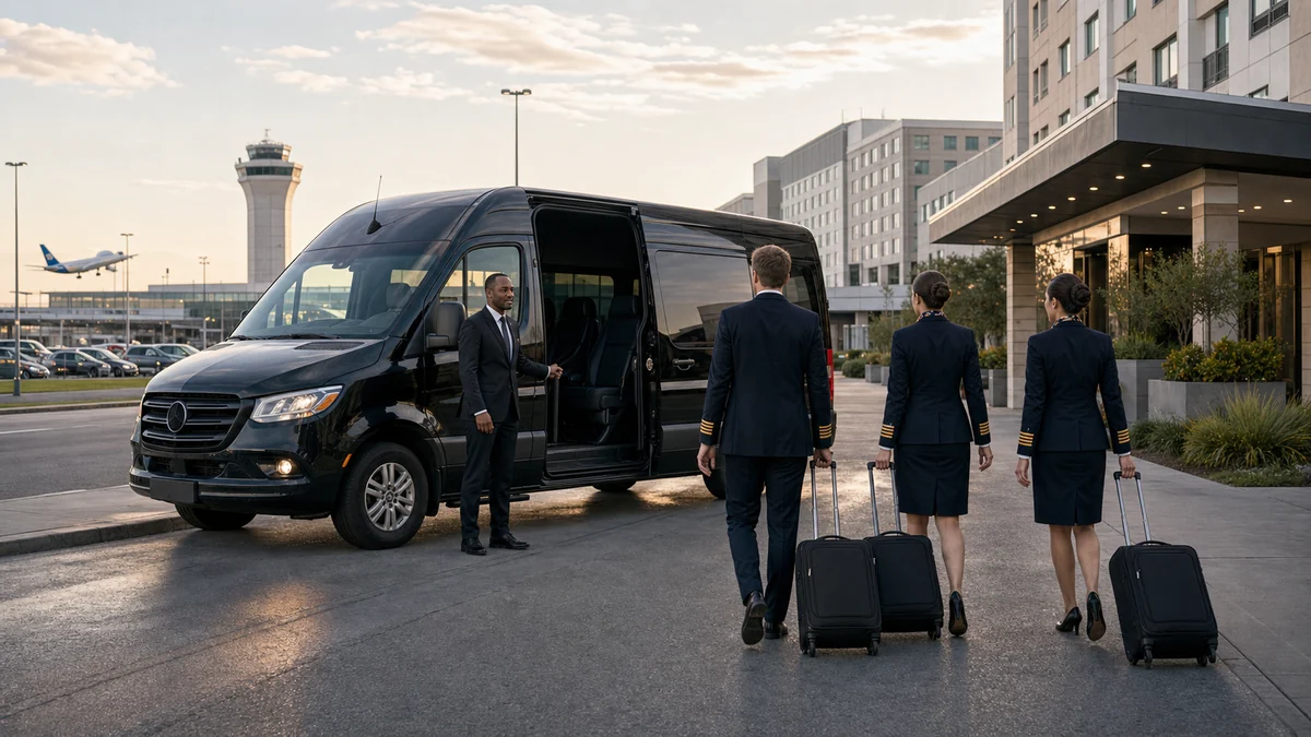Newark airport crew hotels van staged for a flight crew pickup near EWR Terminal A