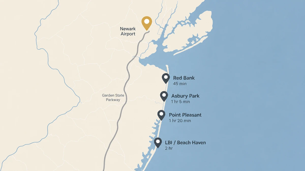 Drive-time map from Newark airport to the four major Jersey Shore destinations: Red Bank, Asbury Park, Point Pleasant, and LBI