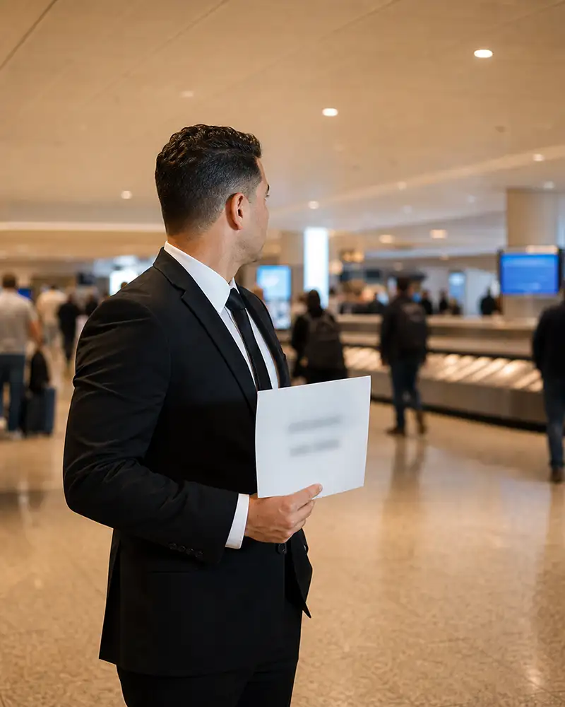 Newark Airport limo service chauffeur with name board at EWR Terminal B baggage claim for arrival meet and greet