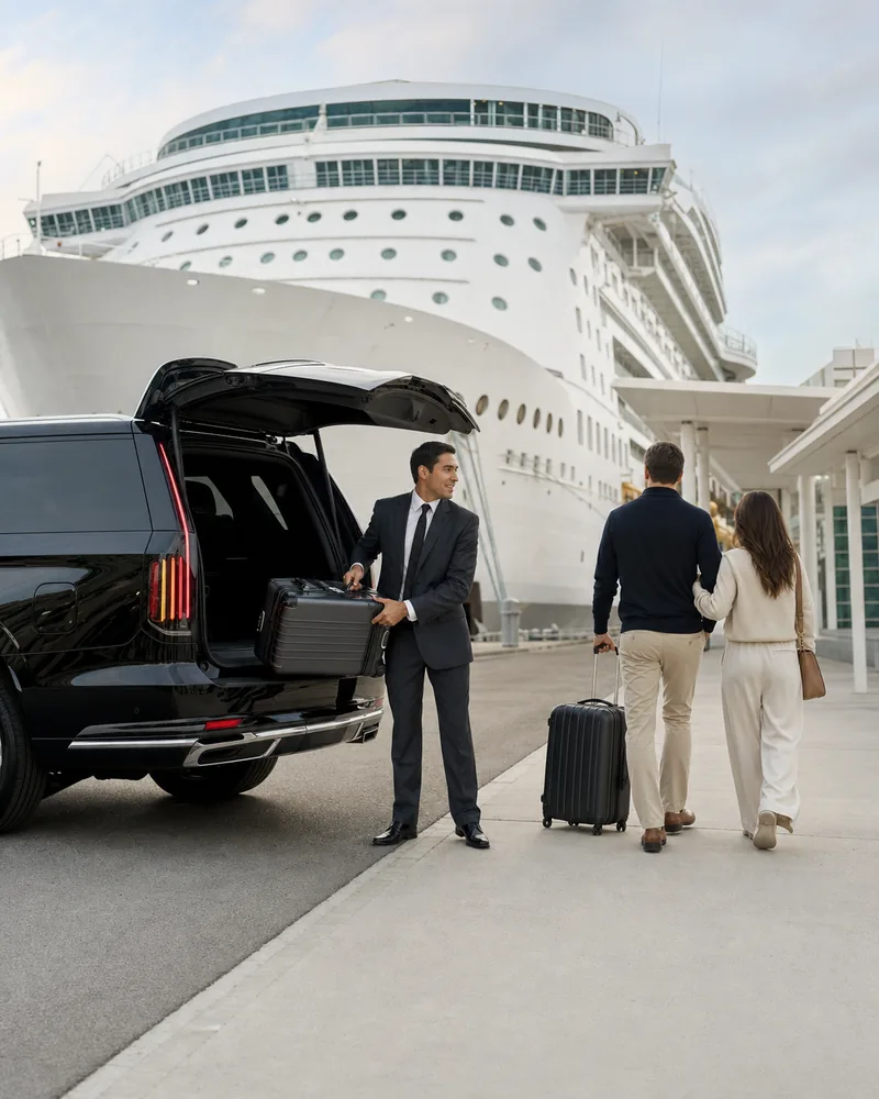Newark airport to cruise terminal car service dropping passengers at a port embarkation curb with luggage