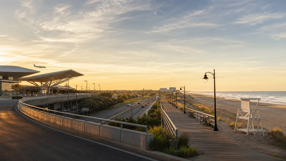 Newark airport to Jersey Shore: terminal departure and shore boardwalk destination at golden hour