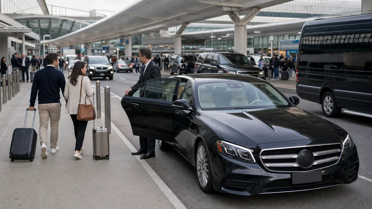 Newark airport transportation choices lined up at the EWR terminal curb