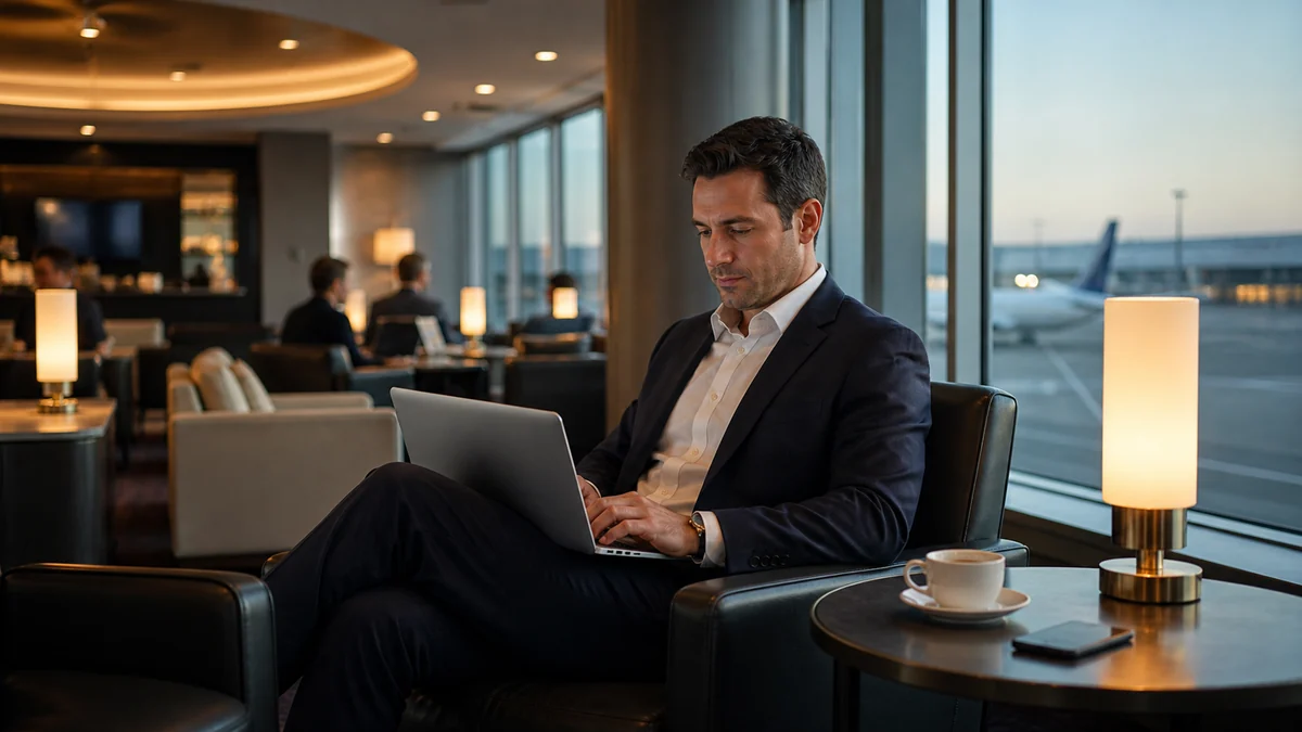 Business traveler working in the United Club lounge at Newark airport Terminal C