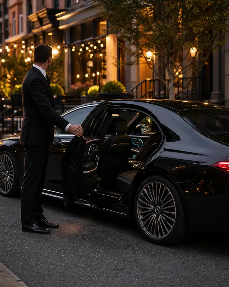 Mercedes S-Class First Class Sedan on Newark Airport limo service waiting at EWR Terminal C for a corporate arrival