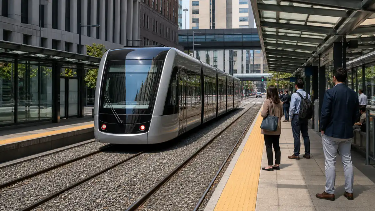 Newark Light Rail arriving at a clean downtown station: getting around the Newark Arts Festival 2026