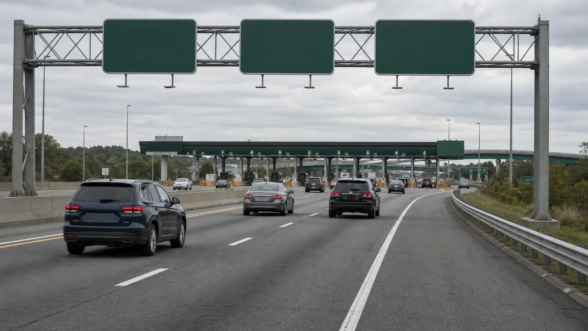 NJ Turnpike interchange exit signs and toll plaza lanes approaching a southbound exit