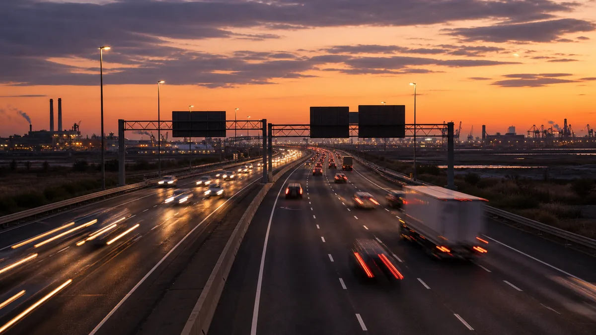 NJ Turnpike tolls and parkway route guide showing a multi-lane New Jersey highway at dusk