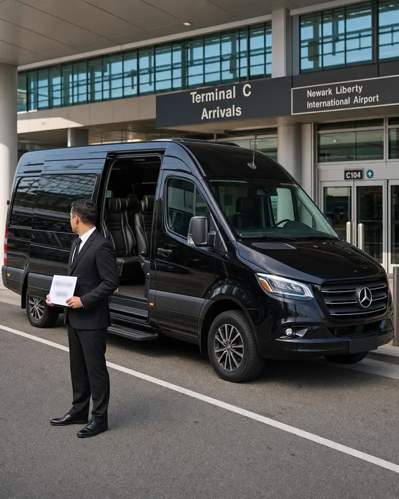Group van vs separate cars airport coordination: one chauffeur and one Sprinter pickup at Newark Liberty arrivals versus multiple sedan drivers
