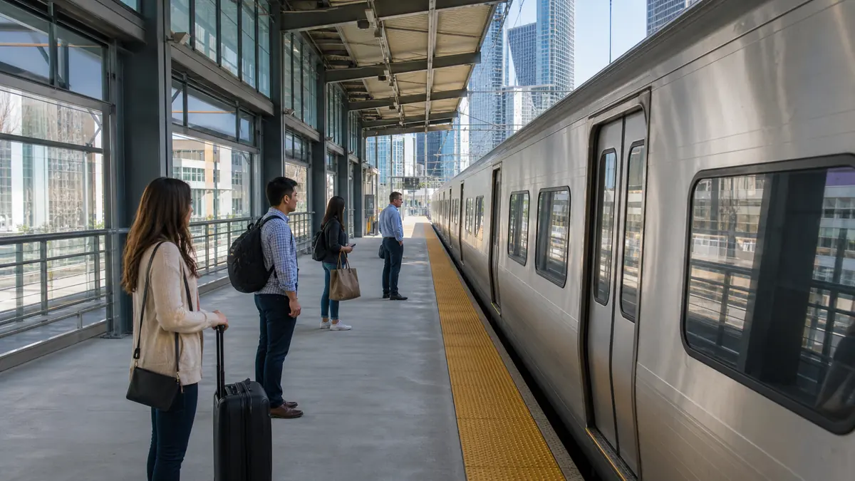 Taking PATH to the Hoboken Arts & Music Festival: a commuter train platform with passengers boarding