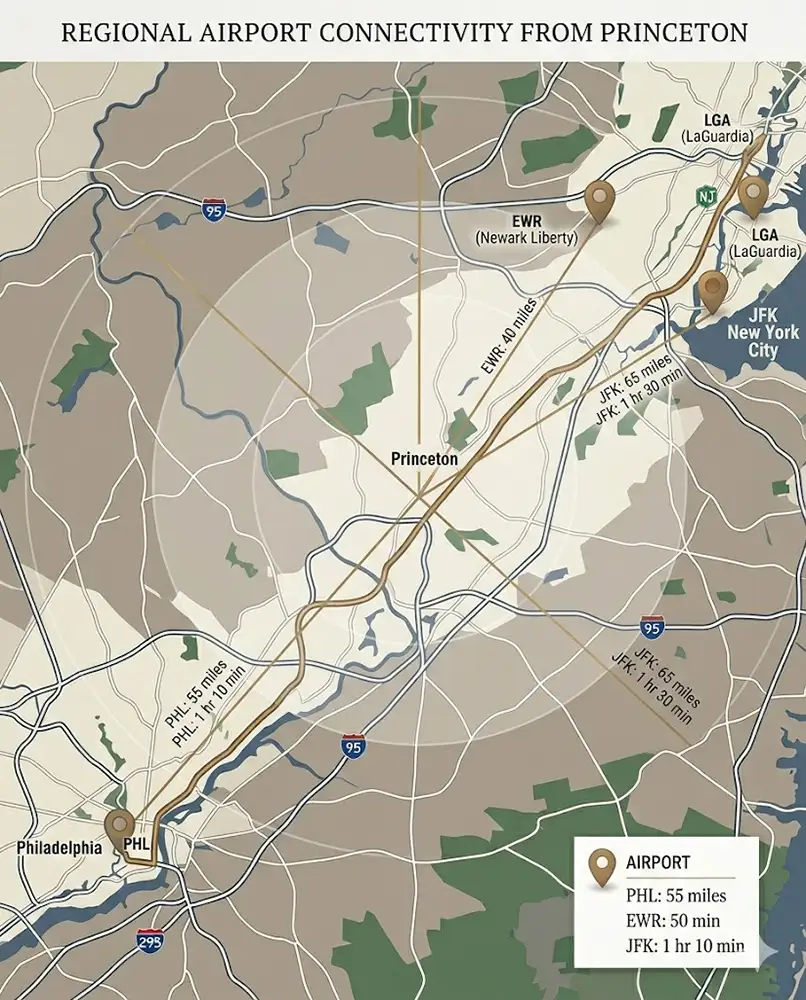 Philadelphia PHL vs Newark EWR distance comparison from Princeton NJ