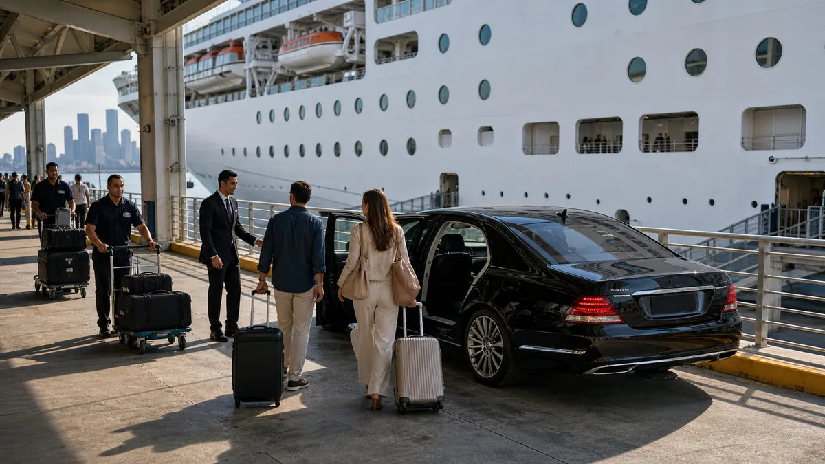 Twelfth Avenue cruise drop-off at Pier 88 with luggage porters on the elevated terminal platform