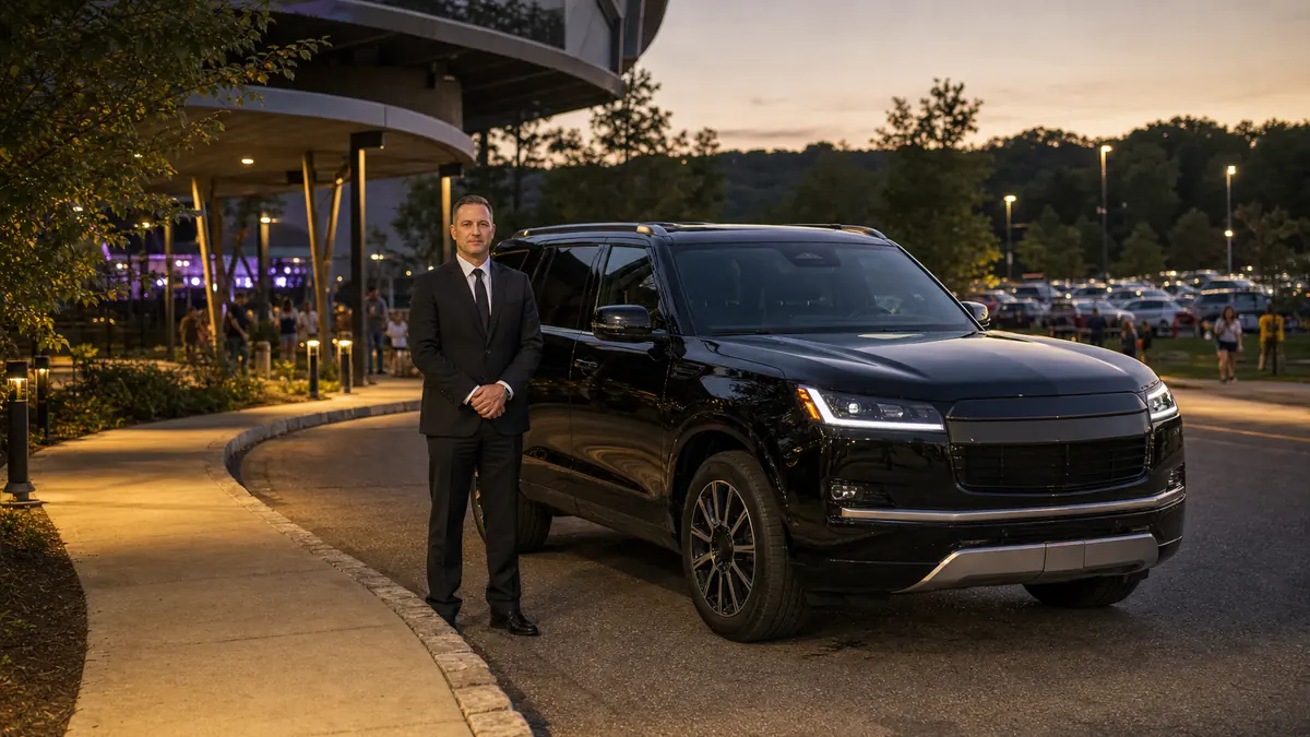 Car service drop-off at PNC Bank Arts Center for a concert: a black SUV approaching a venue drop-off lane at twilight with rows of parked cars in the distance