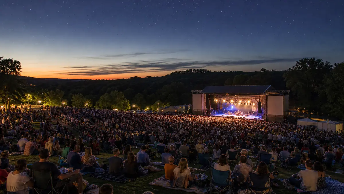 PNC Bank Arts Center upcoming events in Holmdel NJ: an outdoor amphitheater at dusk with a stage lit and a crowd on a sloped lawn under stars