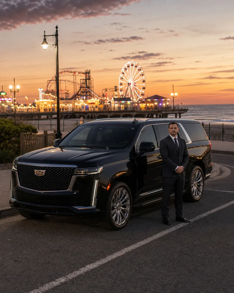 Point pleasant car service from Newark airport: black SUV near the Jenkinson's boardwalk pier at dusk