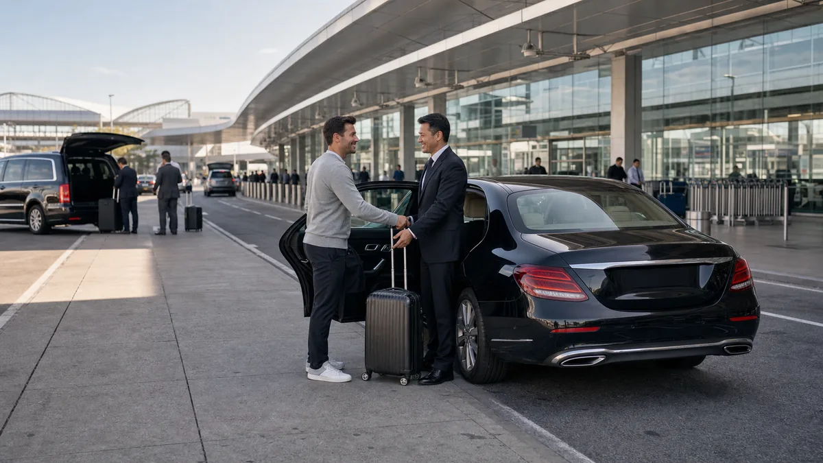 Private newark airport transportation sedan with a chauffeur meeting an arriving passenger at EWR