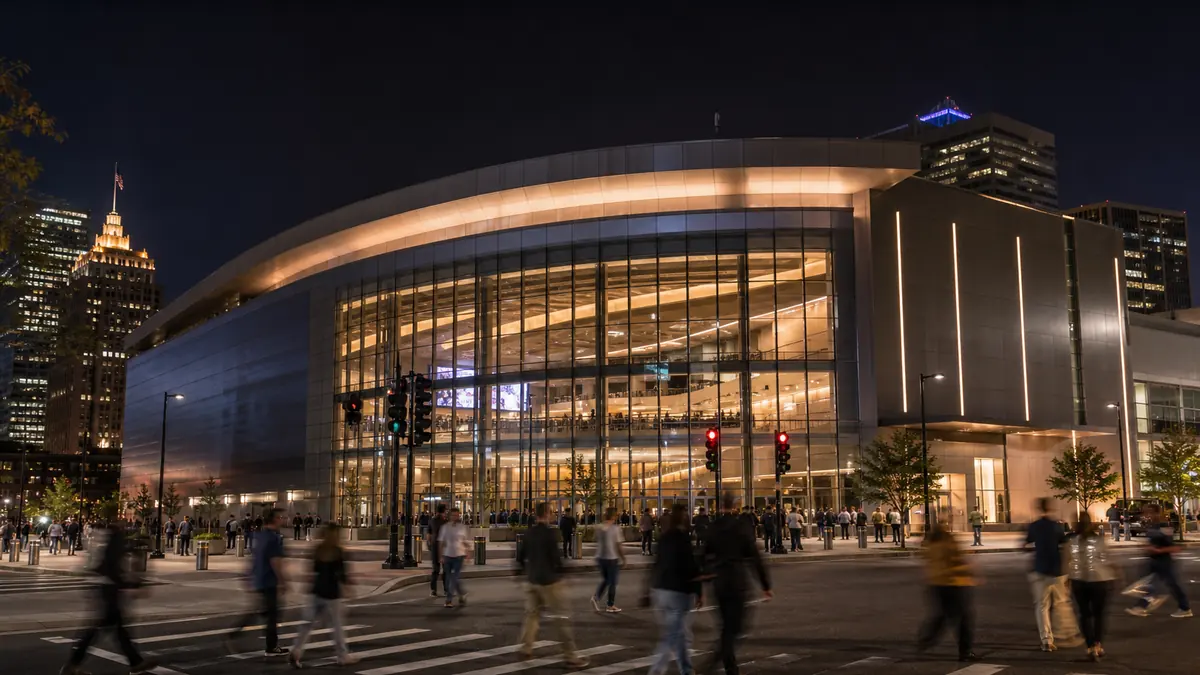 Prudential Center events in downtown Newark NJ: exterior of a modern downtown arena at night with lights and an urban setting