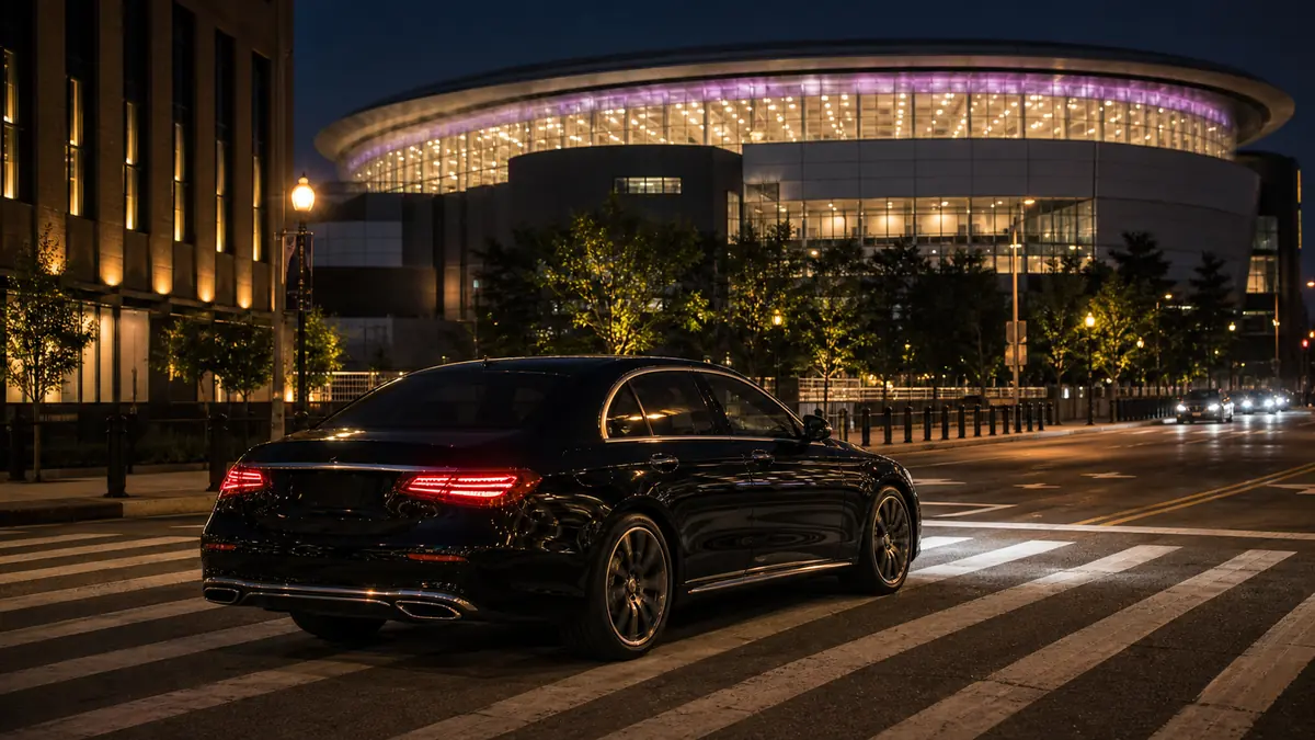 Car service from Newark airport to Prudential Center: a black executive sedan crossing a downtown Newark street toward a large modern arena lit up at night