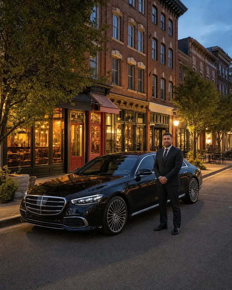 Red bank limo service black sedan parked along Broad Street in downtown Red Bank at early evening for a Newark airport return transfer