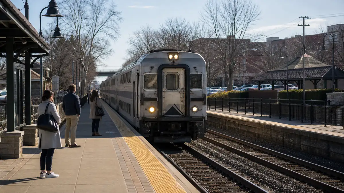 Taking NJ Transit to Red Bank Oktoberfest: a small downtown NJ train station platform with a regional train arriving