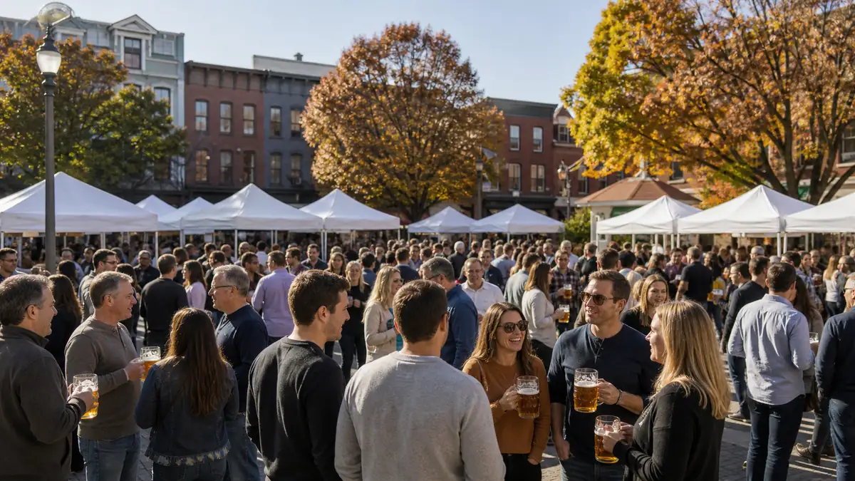 Red Bank Oktoberfest 2026 at Edmund Wilson Plaza: an autumn Oktoberfest in a small downtown plaza with beer steins and vendor tents