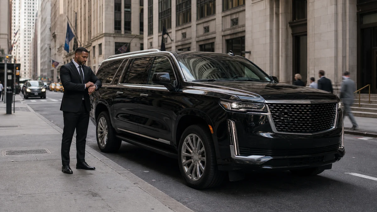 Black SUV waiting curbside between stops on an executive investor roadshow in Manhattan