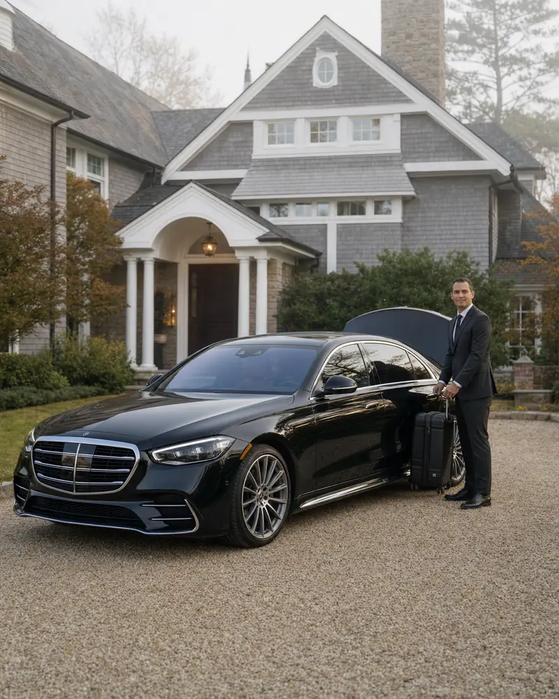 Black sedan residential pickup at a Rumson Two River-area home for a Newark airport transfer