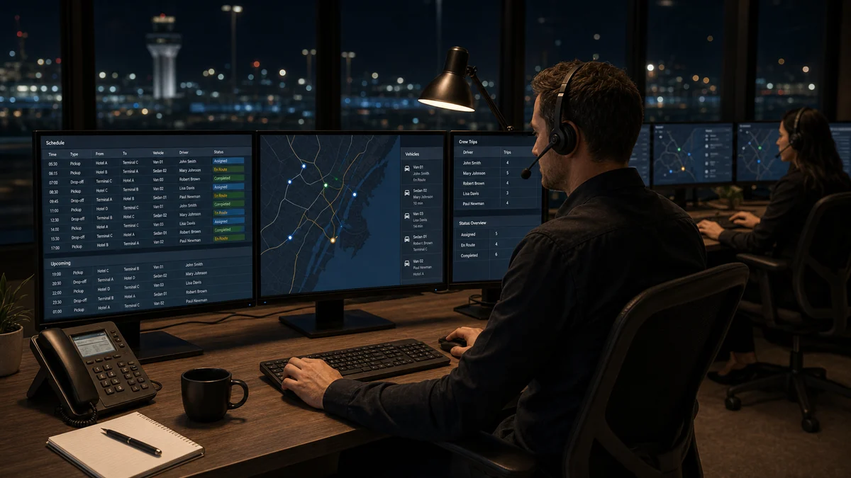 Dispatch board used for scheduling crew ground transportation at Newark Liberty