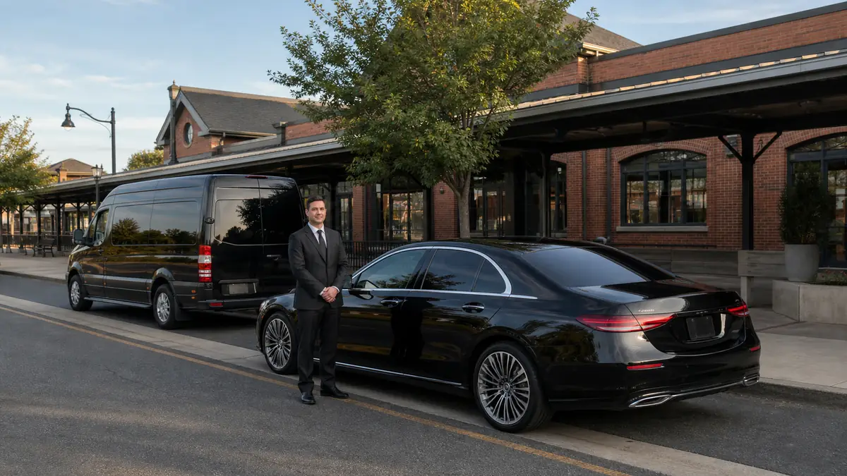 Sea.Hear.Now 2026 group transportation from the Newark airport: a black sedan and Sprinter van at an Asbury Park train station curb