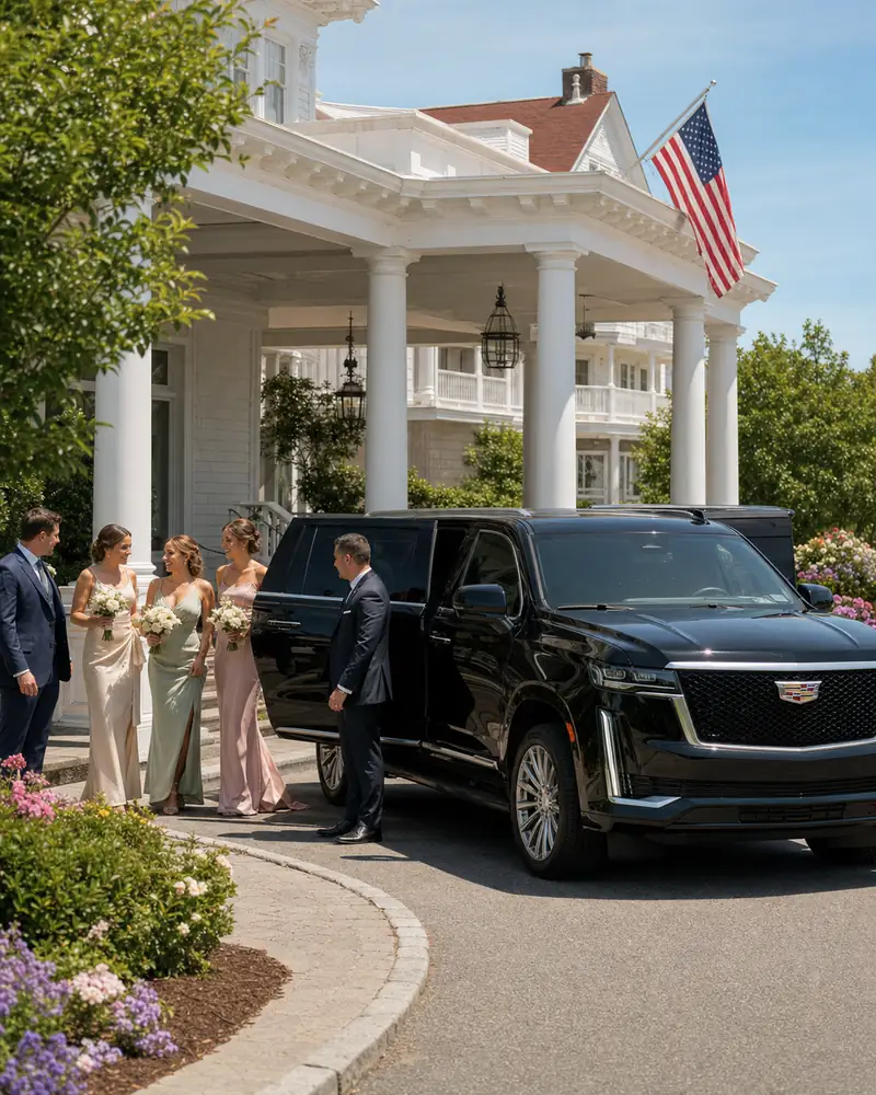 Wedding-party arrival in a black Escalade ESV SUV at a Spring Lake historic shore hotel