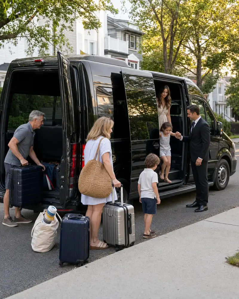 Sprinter van loading a multi-family shore-weekend group at an Asbury Park boardwalk hotel