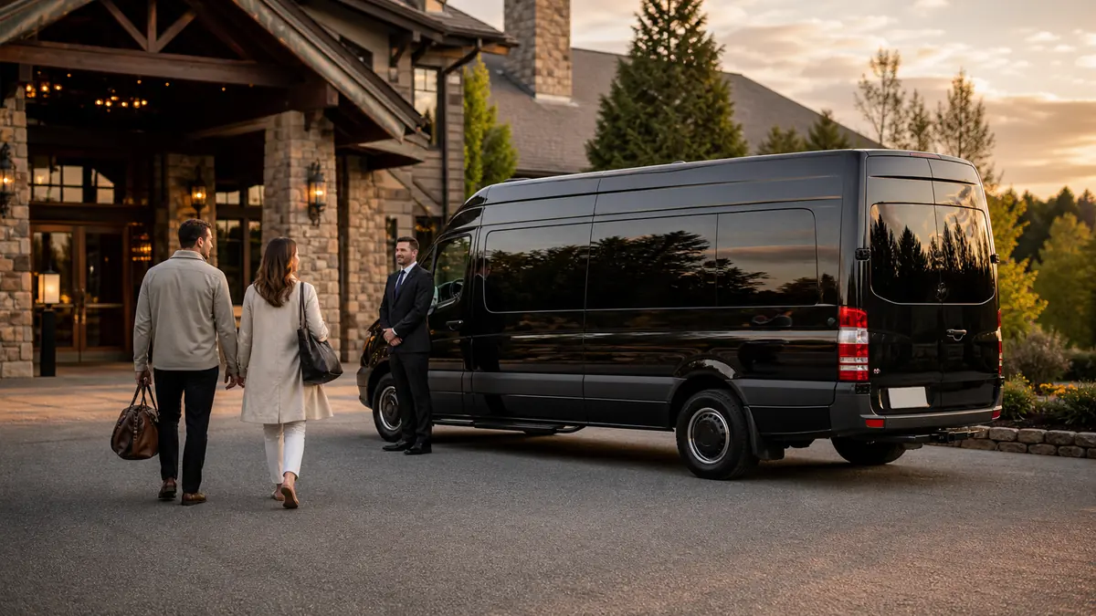 Sprinter van for a Crystal Springs wine festival weekend: a black Sprinter parked outside a stone-and-wood resort entrance at golden hour