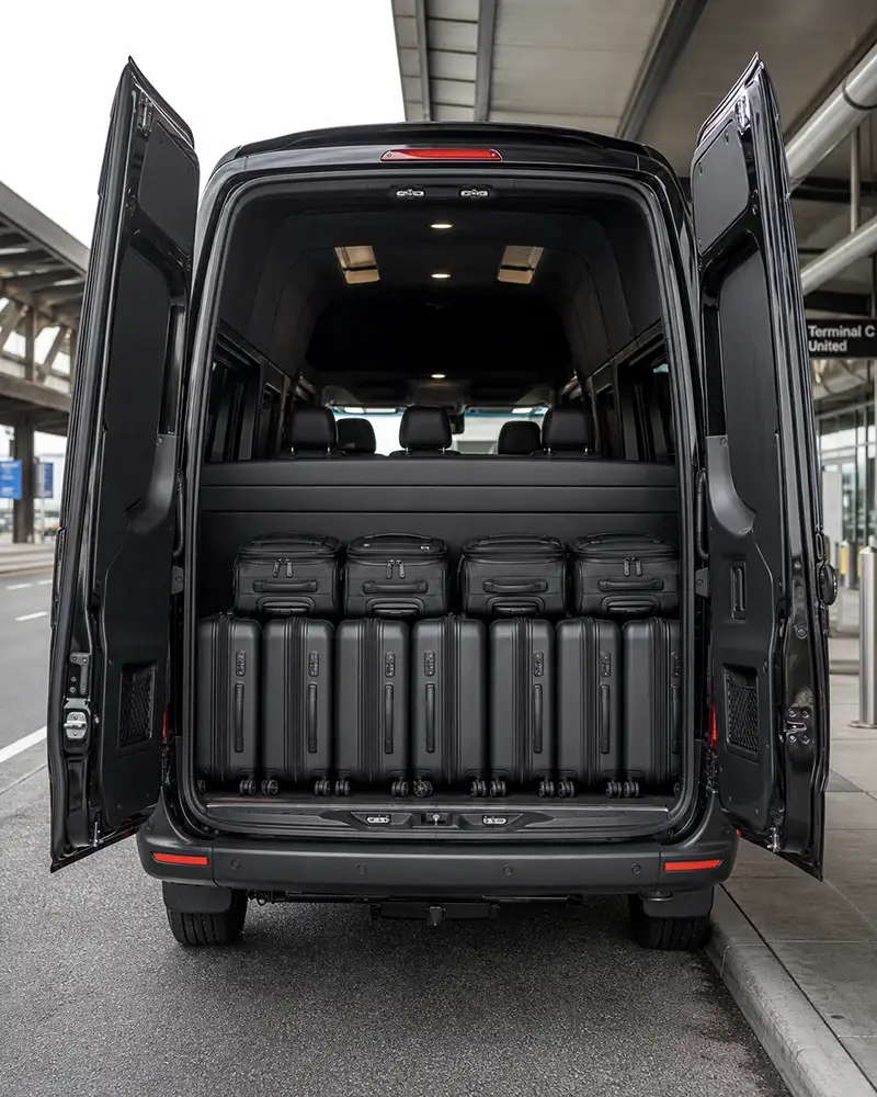 Group van vs separate cars airport luggage math: Sprinter van rear luggage bay capacity versus three sedan trunks