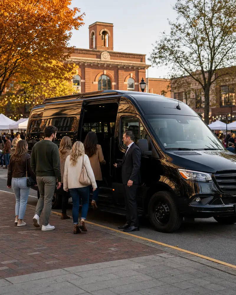 Red bank limo service Sprinter van at a Red Bank Oktoberfest group pickup near Edmund Wilson Plaza in autumn light