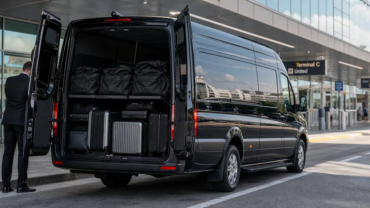 Mercedes Sprinter van loaded for a group transfer at Newark Airport with team gear and checked luggage