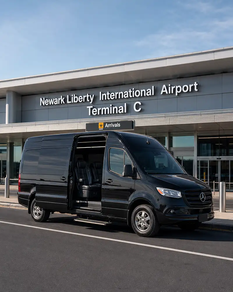 Group van vs separate cars airport transfer: one Mercedes Sprinter alongside three sedans at Newark Liberty arrivals