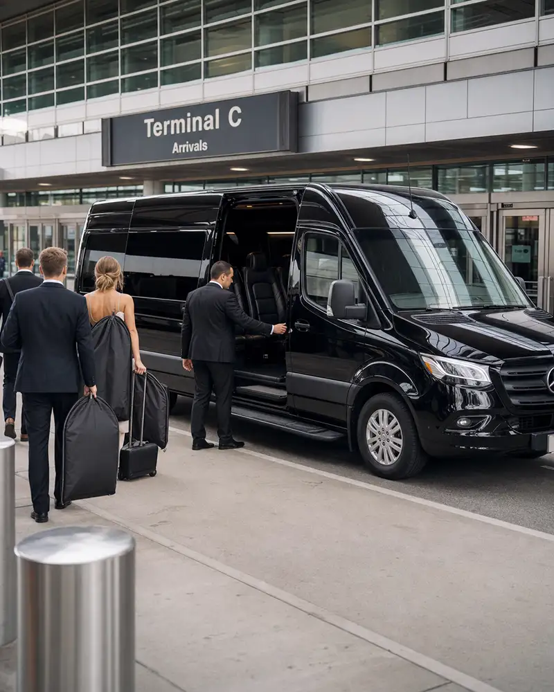 Sprinter van car service handling wedding party pickup at Newark Airport for an NJ wedding weekend