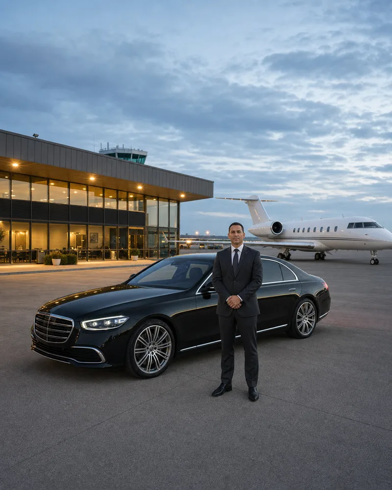 Teterboro Airport Car Service meeting a private jet at the FBO ramp at dusk