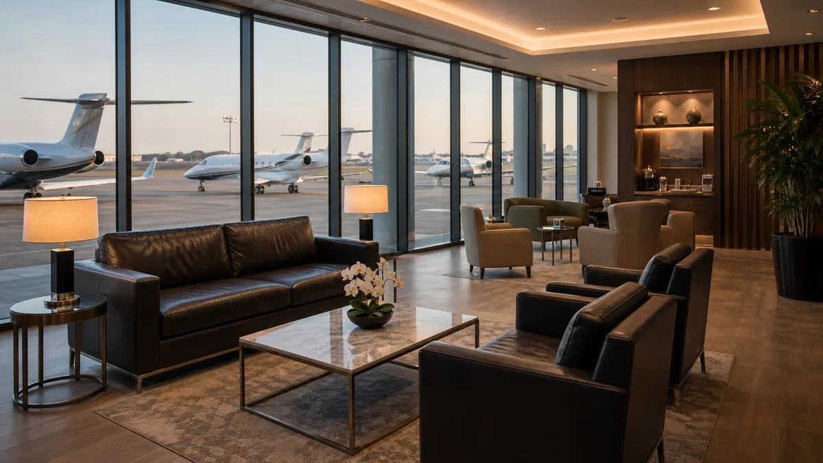 Teterboro fbo passenger lounge interior with leather seating and ramp-facing windows at a TEB private terminal
