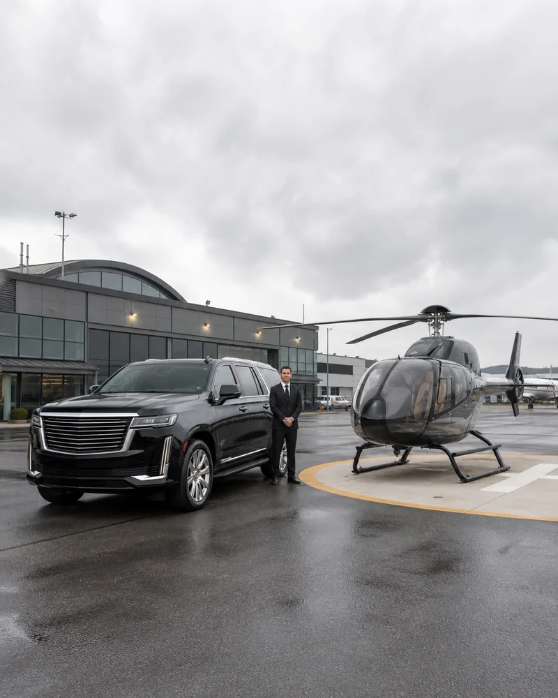 Teterboro limo service vs helicopter transfer comparison at a private aviation airport