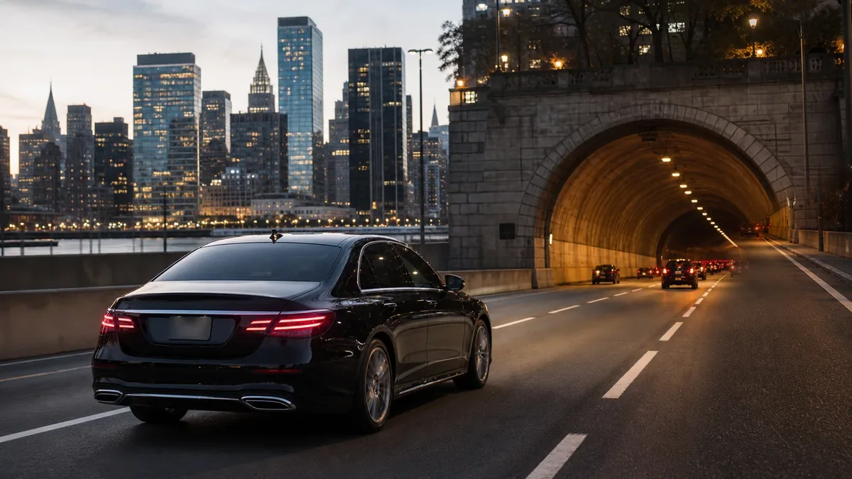 Black sedan approaching the Lincoln Tunnel on a teterboro to nyc transfer at dusk