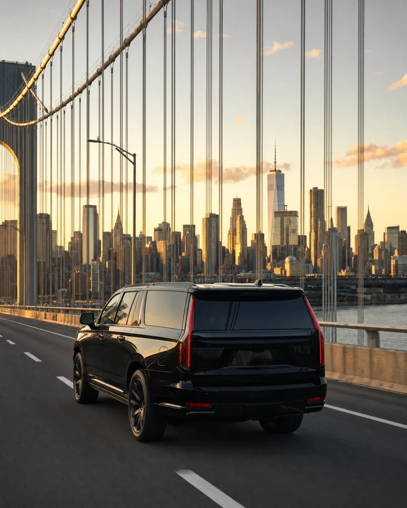 Car service from Teterboro Airport to Manhattan crossing toward the city skyline