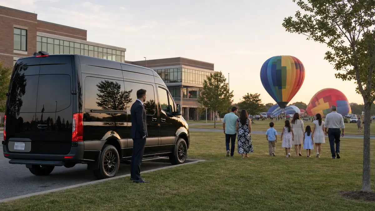 Group transport to the Warren County NJ balloon festival: a black Sprinter van parked at the edge of a community college grass lot with families walking toward distant balloons