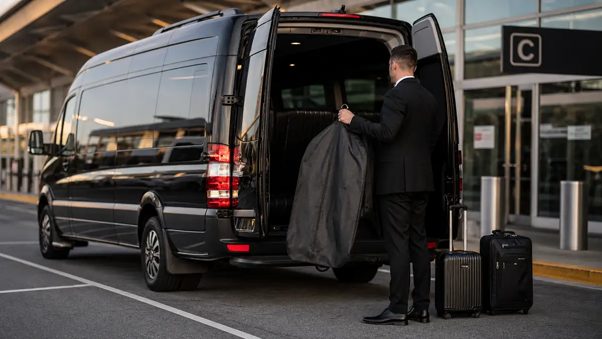 Wedding party loading garment bags into Mercedes Sprinter at Newark Airport for transportation to NJ wedding venue