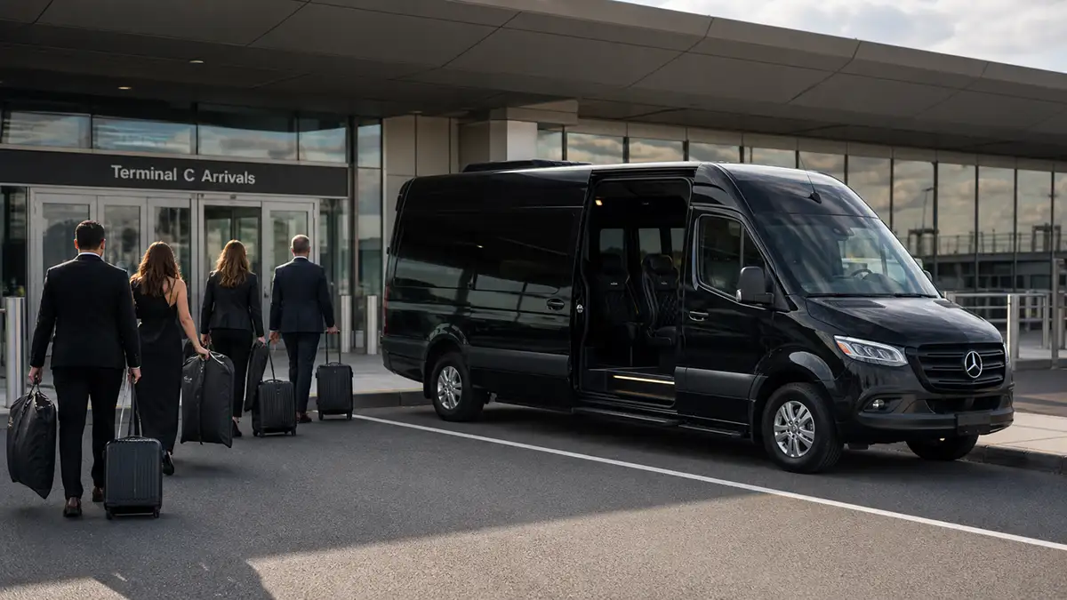 Wedding transportation Newark Airport: Mercedes Sprinter pickup for wedding guests with garment bags at EWR