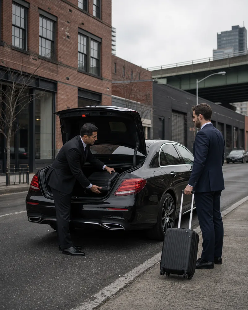 Brooklyn car service pickup on a Williamsburg street heading toward the BQE for a Newark Airport transfer