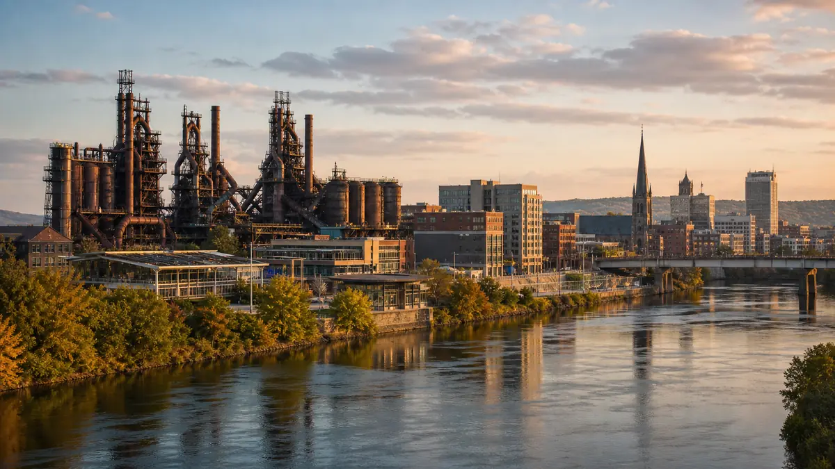 Bethlehem SteelStacks skyline at dusk: a useful Lehigh Valley pickup reference for Allentown to Newark Airport bookings