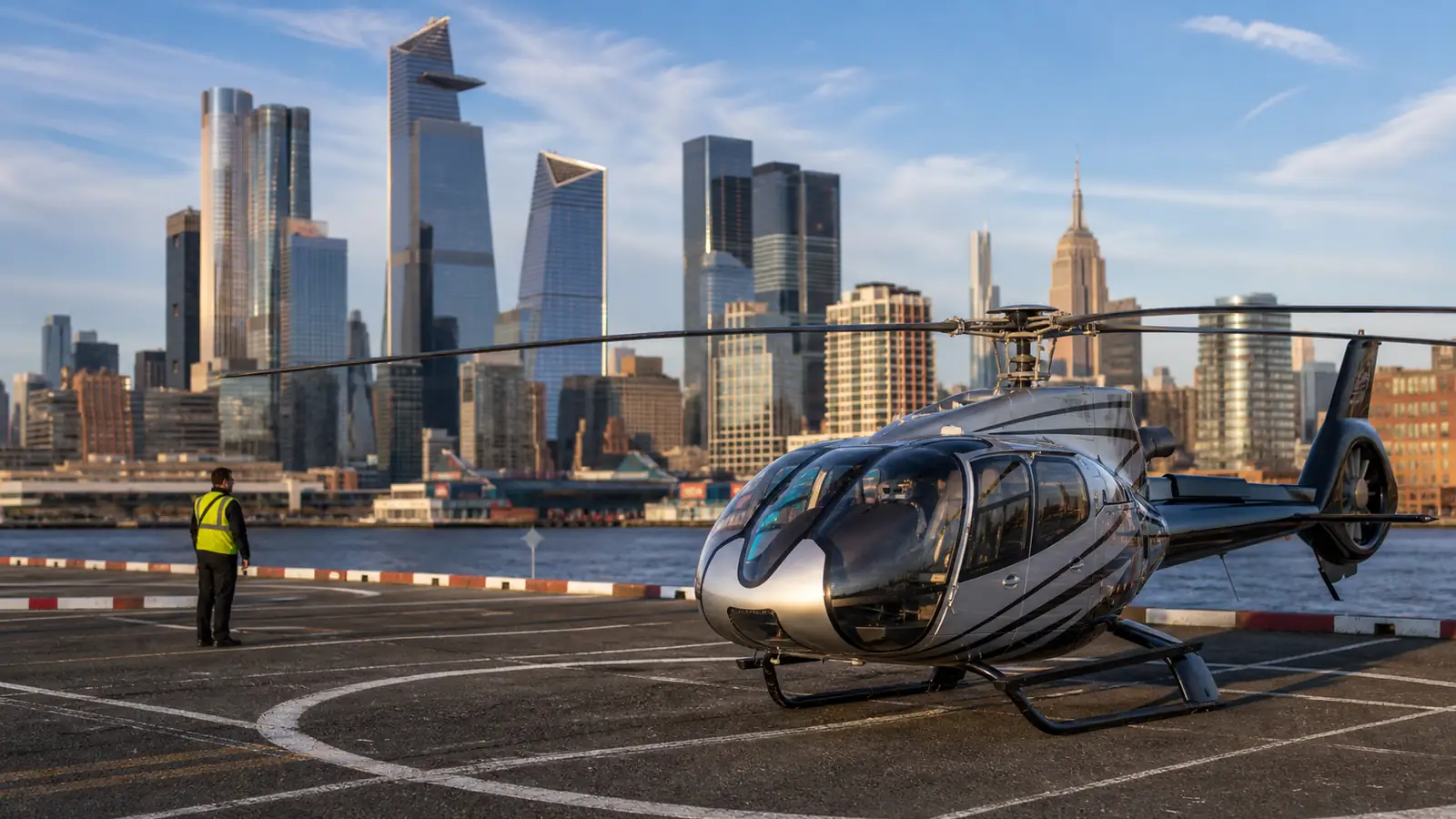 Commercial helicopter on the West 30th Street Heliport pad with the Manhattan Midtown West skyline in the background