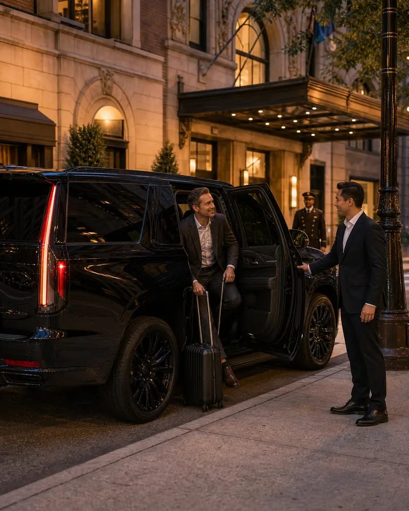 Newark Airport to Philadelphia car service: black SUV at a Center City hotel arrival in the evening
