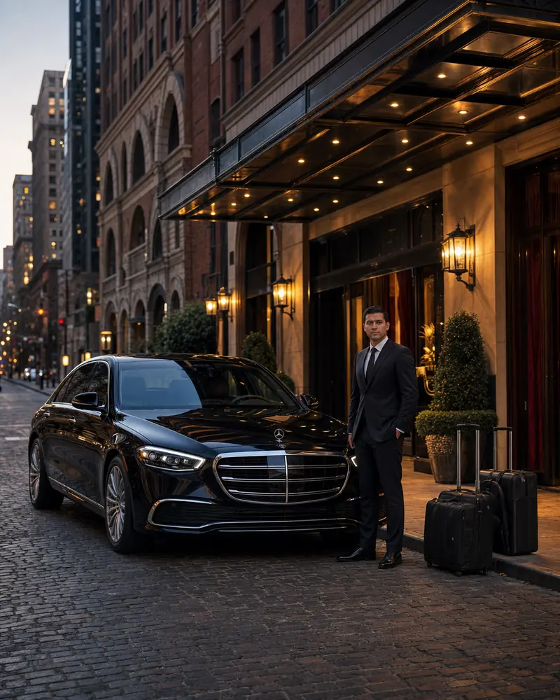 Car service Philadelphia to Newark Airport: black Mercedes sedan at a Center City hotel curb at dawn